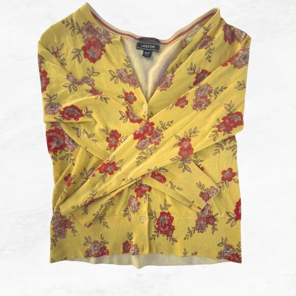 LAND'S END Yellow Cardigan with floral accents - Picture 2 of 5